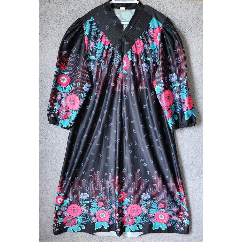 Vtg Tiger Lily Women's Long Sleeve Maxi Nightgown Sleepwear Black Floral Sz 3X